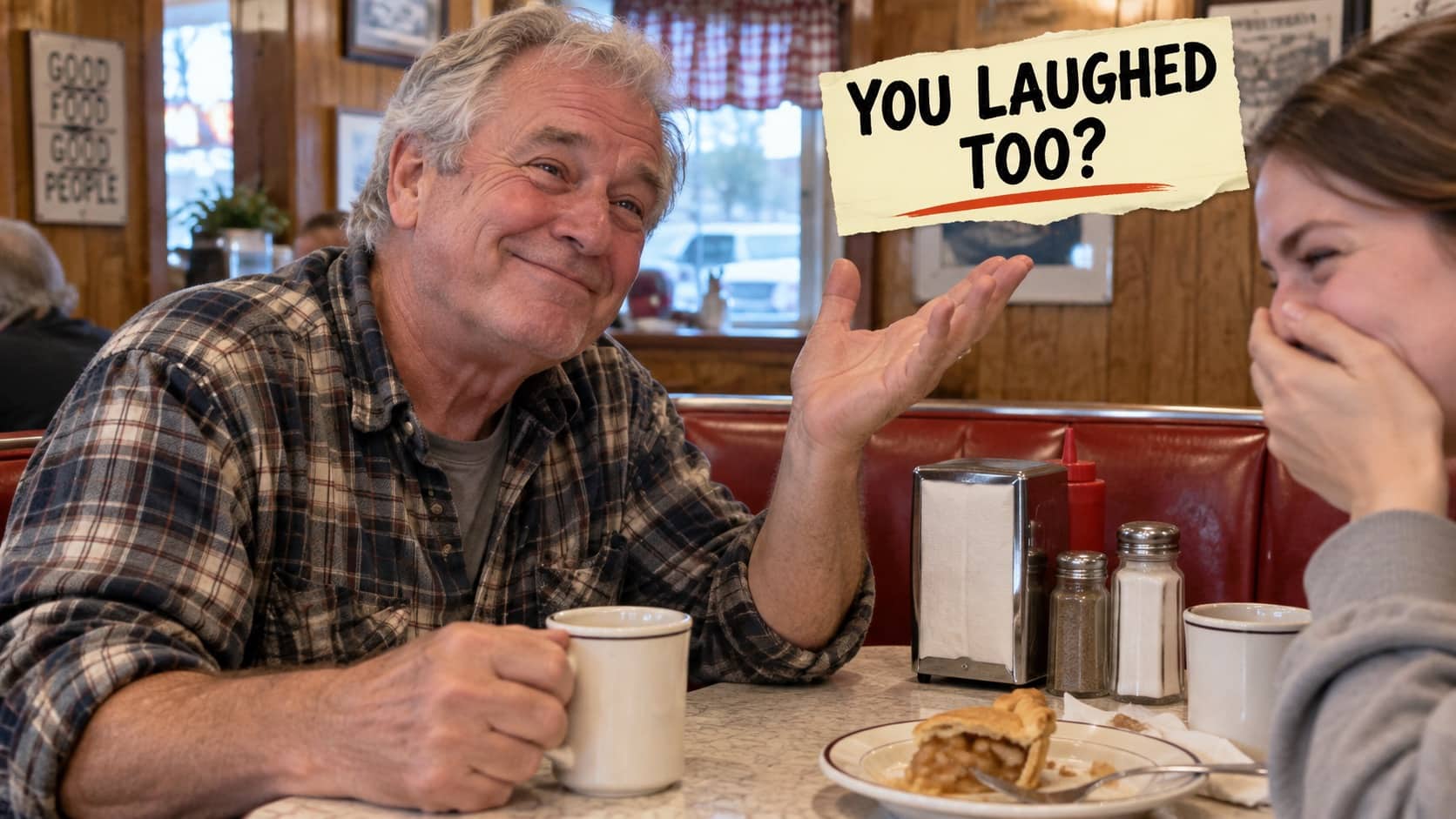 Senior man and young woman laughing together over coffee at a traditional diner table.
