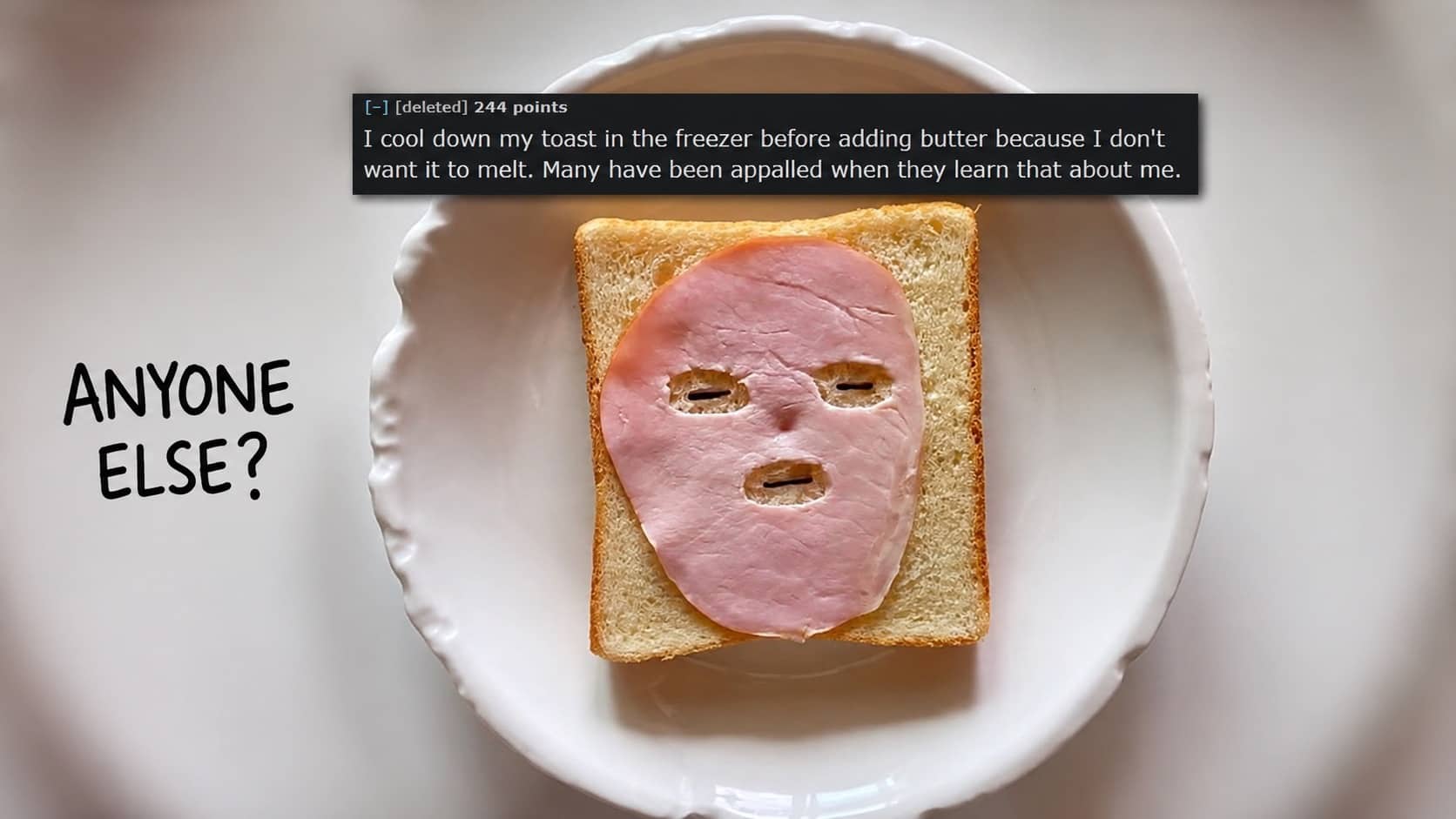 Bread slice with ham face mask illustrating strange food preferences and weird habits.