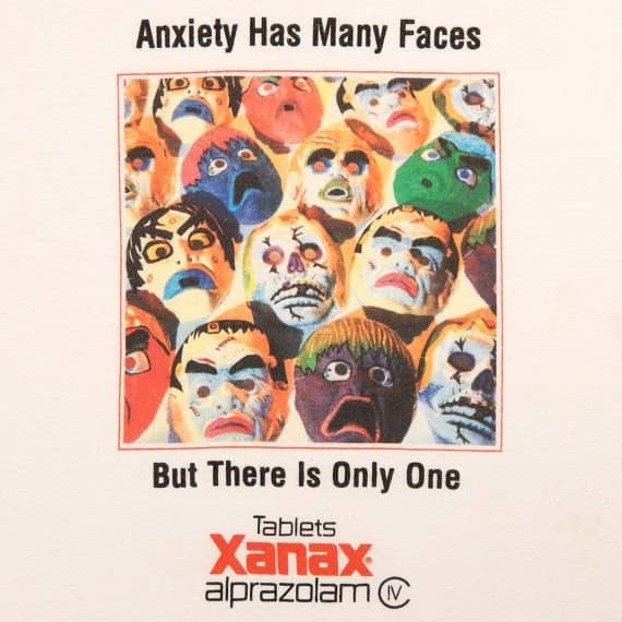 Vintage style pharmaceutical ad for Xanax featuring creepy terrifying mask faces 50s memes.
