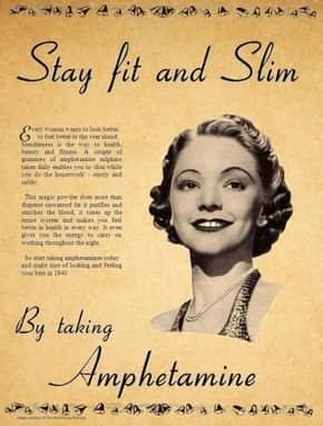 Vintage prescription advertisement promoting amphetamine for staying fit while doing housework 50s memes.