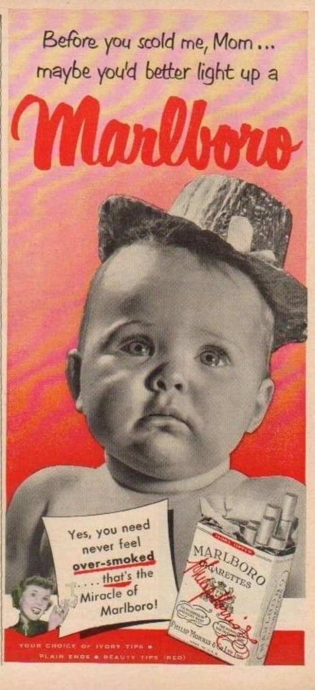 Vintage cigarette ad with a baby offering advice to mom to smoke Marlboros 50s memes.