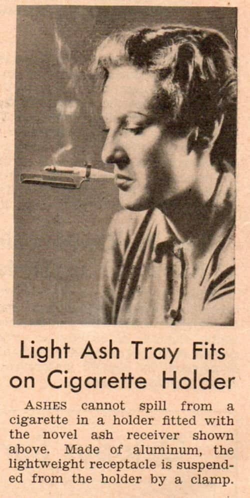 Woman using a vintage cigarette holder featuring a built-in miniature metal ash tray 50s memes.