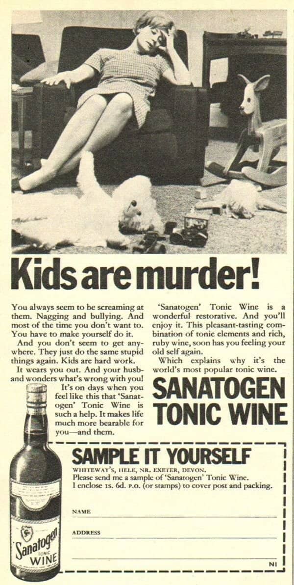 Vintage advertisement for Sanatogen Tonic Wine depicting an exhausted mother sitting near messy children 50s memes.