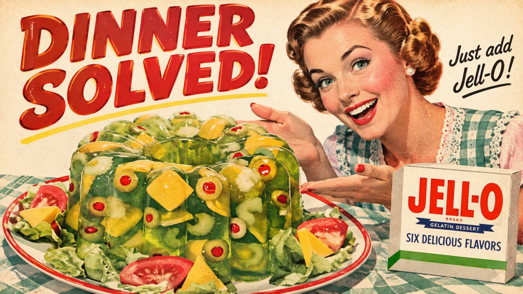 Vintage retro 50s memes advertisement featuring a woman presenting a savory gelatin salad dish.