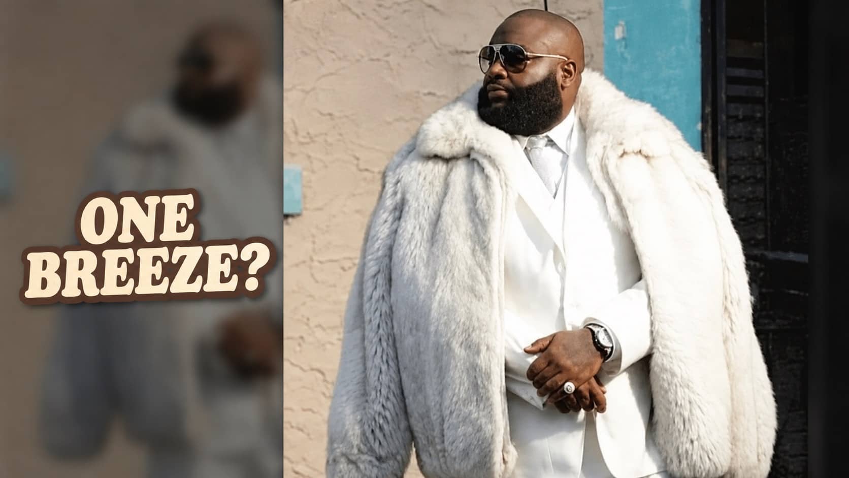 Rick Ross wearing a thick white fur coat meme highlighting cool autumn fall memes.