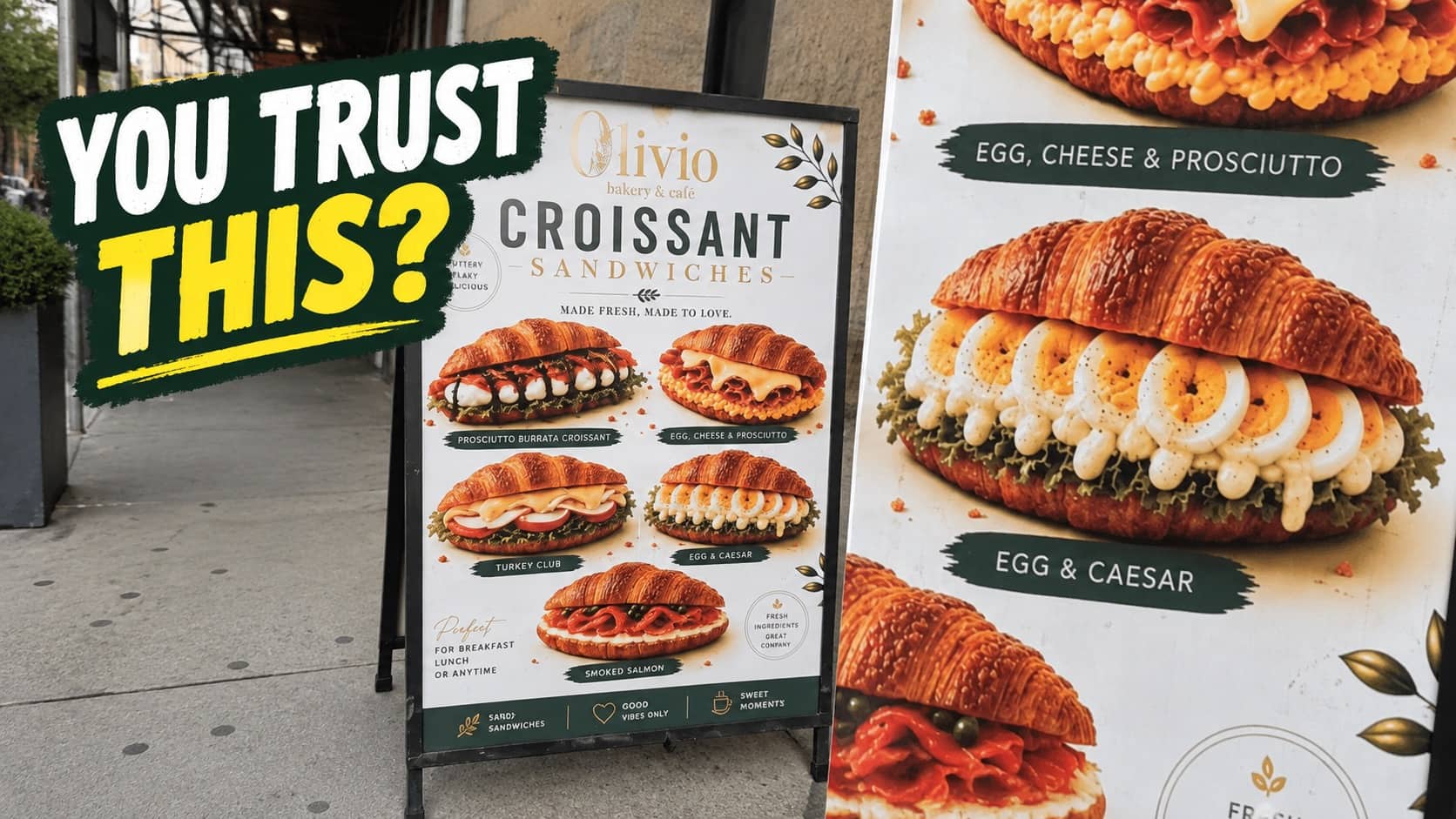 Bakery menu board displaying sandwich options alongside a close up photo of a croissant sandwich.