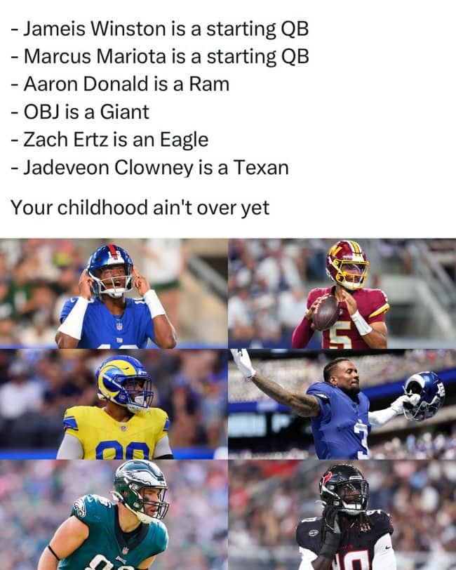 NFL week 2 memes tweet listing veteran players still active, shown with six player photos