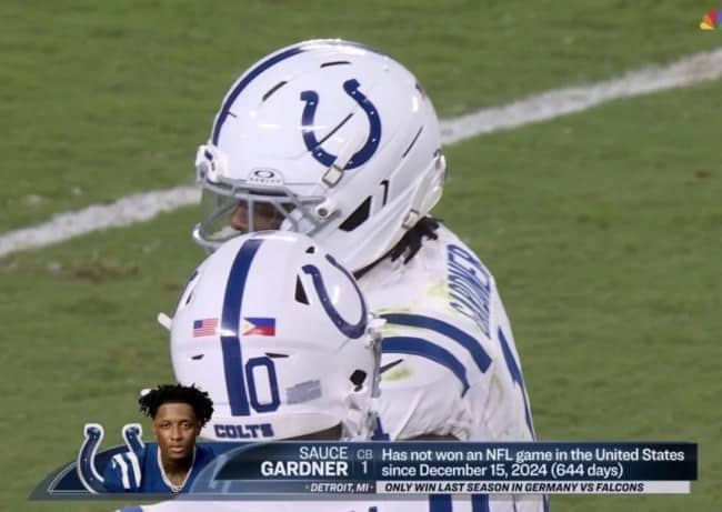 Colts broadcast graphic noting Sauce Gardner hasn't won a game in the US for 644 days