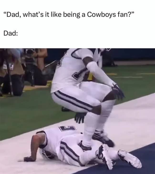 Cowboys player hopping over a teammate in the end zone in a meme about being a Cowboys fan