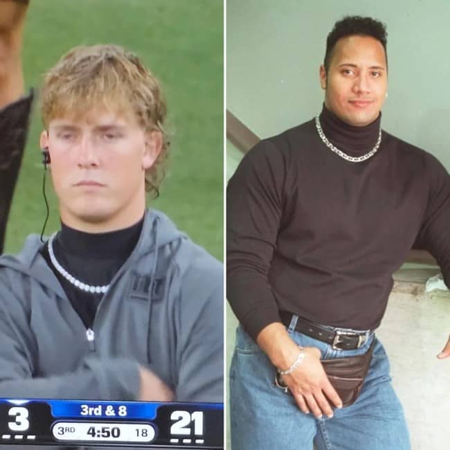 Giants player in a turtleneck and pearl necklace beside the famous Dwayne Johnson turtleneck photo