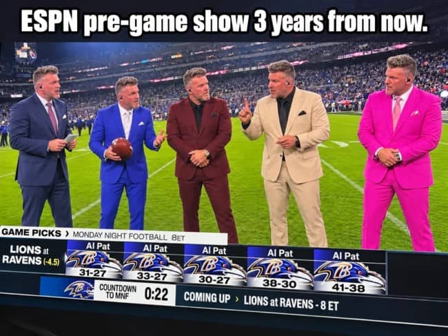 ESPN pregame desk photoshopped with five Pat McAfees in different colored suits