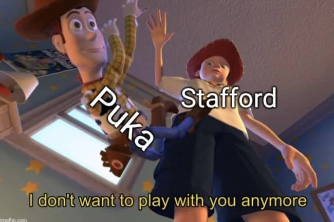 Toy Story meme with Stafford telling Puka he doesn't want to play with him anymore
