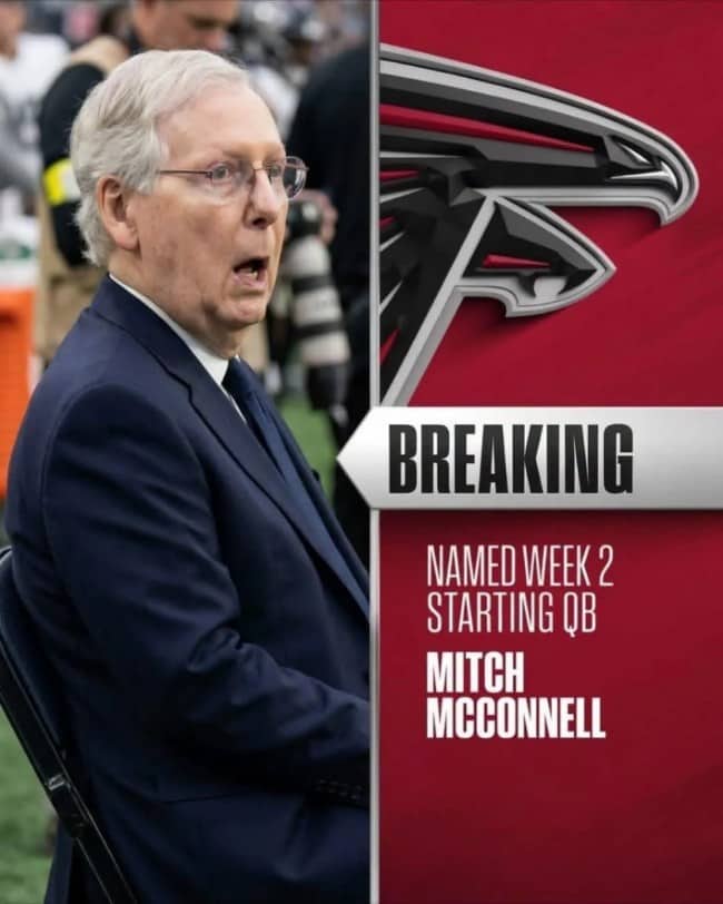 Mitch McConnell in a fake breaking graphic naming him the Falcons week 2 starting QB