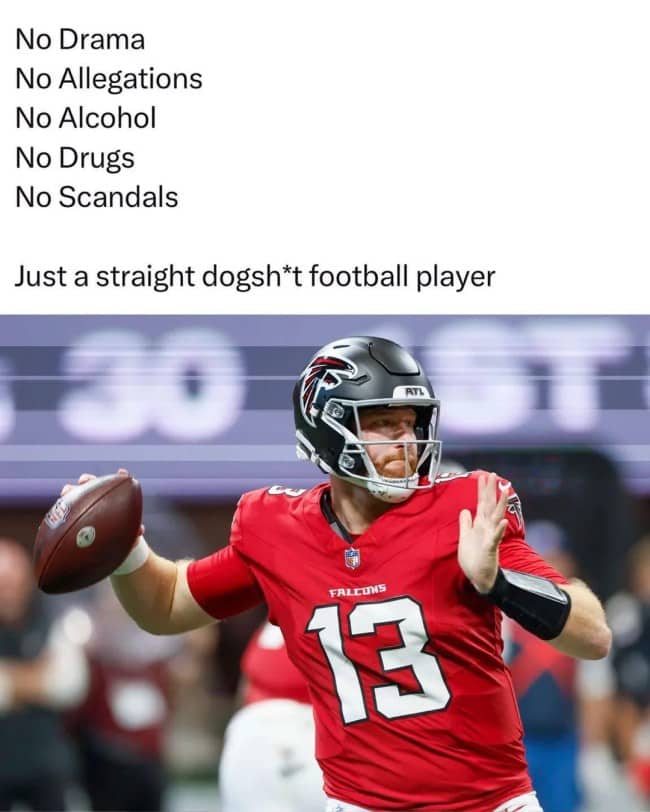 Falcons quarterback mid throw under a meme praising his total lack of scandal