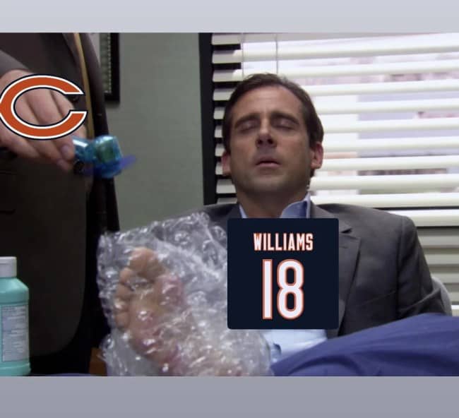 Michael Scott from The Office with his foot in bubble wrap, labeled as Bears QB Williams