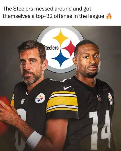 Aaron Rodgers and DK Metcalf in Steelers uniforms under a joke about a top 32 offense