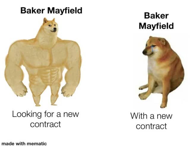 Buff Doge versus Cheems meme about Baker Mayfield before and after a new contract