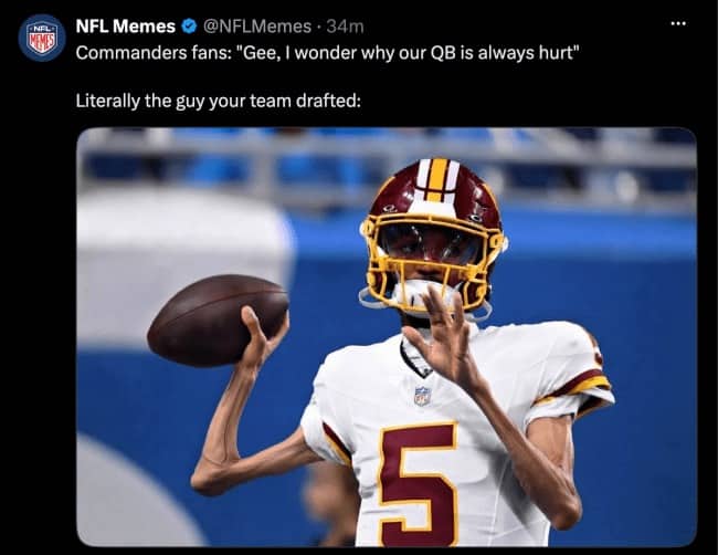 Photoshopped Commanders quarterback with very thin arms, joking about why the QB gets hurt