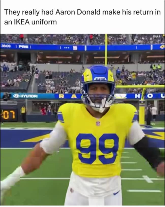 Aaron Donald in a bright yellow Rams uniform, joked to be an IKEA uniform