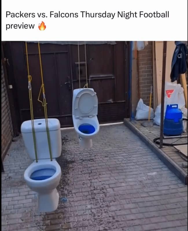 Two toilets hanging from ropes like swings, a Packers vs Falcons Thursday Night Football preview