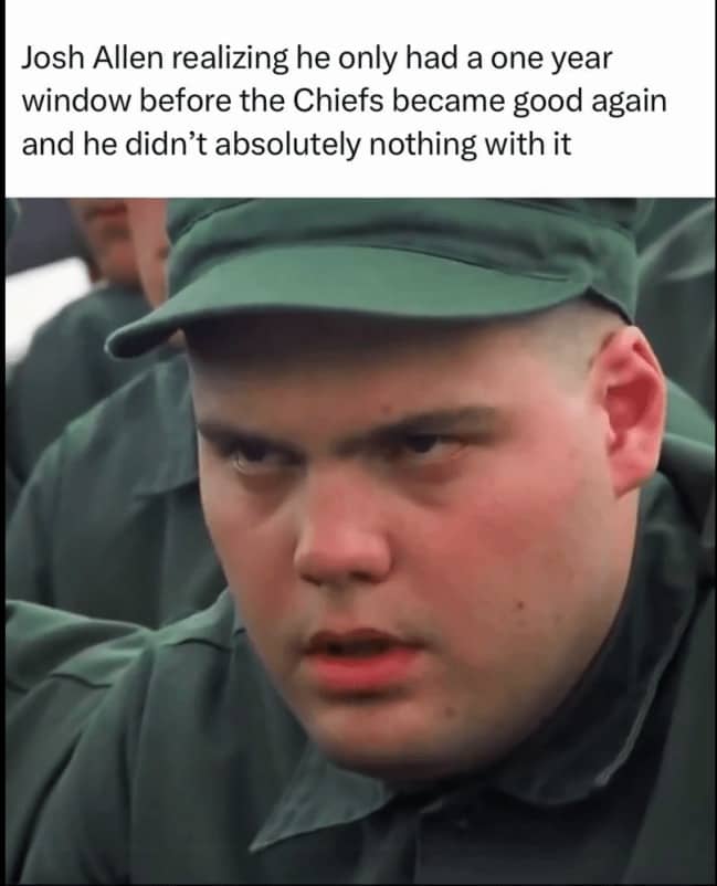 Private Pyle from Full Metal Jacket glaring in a meme about Josh Allen's one year window