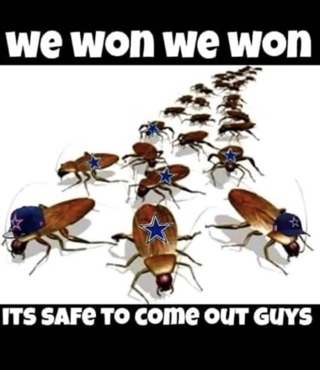 Cockroaches wearing Cowboys stars celebrating a win in a we won it's safe meme