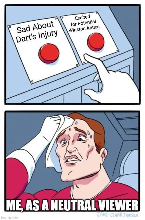 Two buttons meme torn between sadness over Jaxson Dart's injury and Jameis Winston excitement