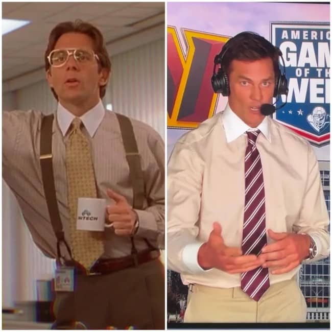Tom Brady in a broadcast booth dressed like Bill Lumbergh from Office Space
