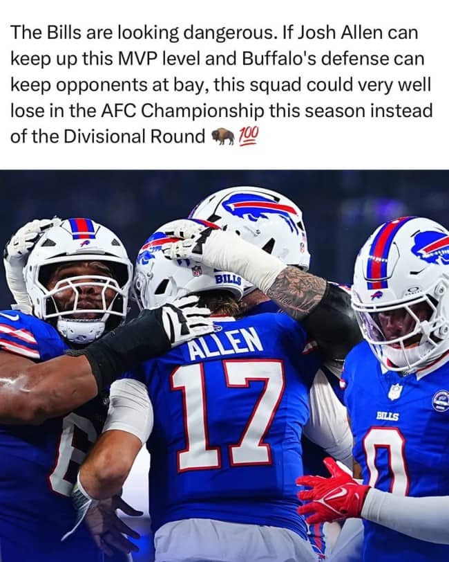 Josh Allen and Bills teammates hugging under a tweet teasing their playoff hopes