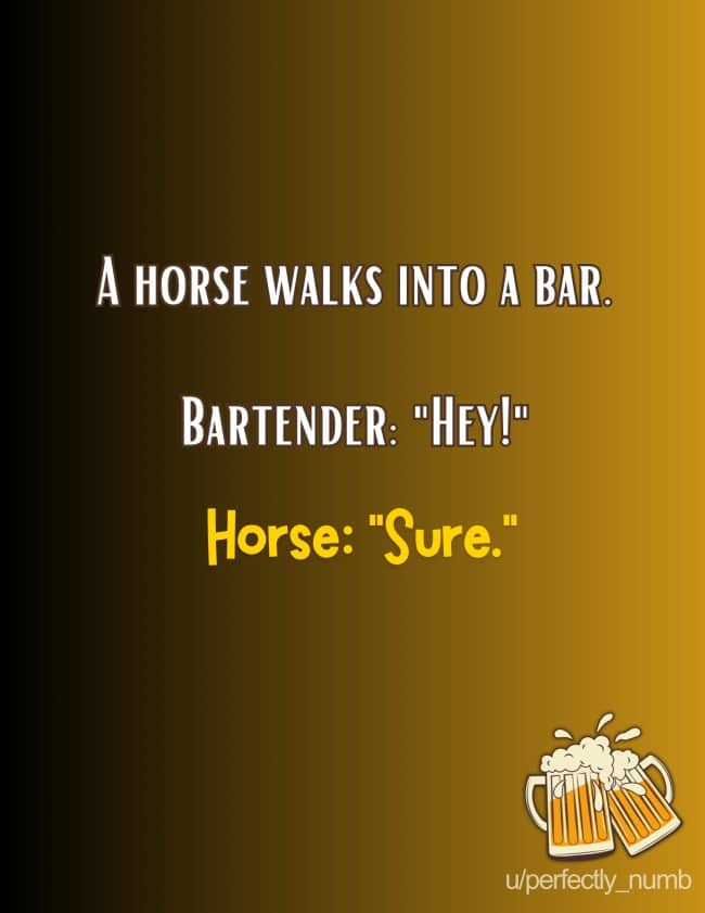 Text graphic featuring a classic short horse walks into a bar joke setup.