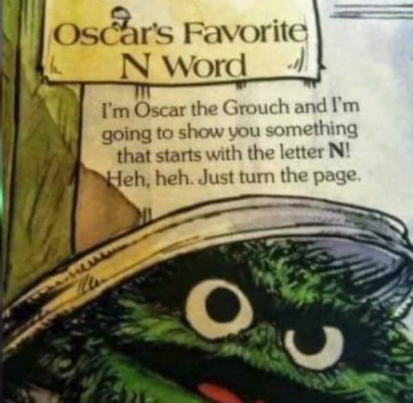 Children's book page shows Oscar the Grouch introducing a letter with an unfortunate headline.