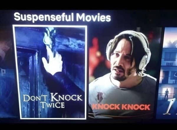 Streaming menu lists two similarly titled knocking films side by side under suspenseful movies.