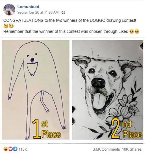 Facebook post shows a crude stick dog winning a drawing contest over a detailed portrait.