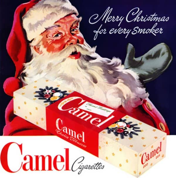 Santa Claus holding a Camel cigarette carton in a vintage Christmas ad for every smoker.