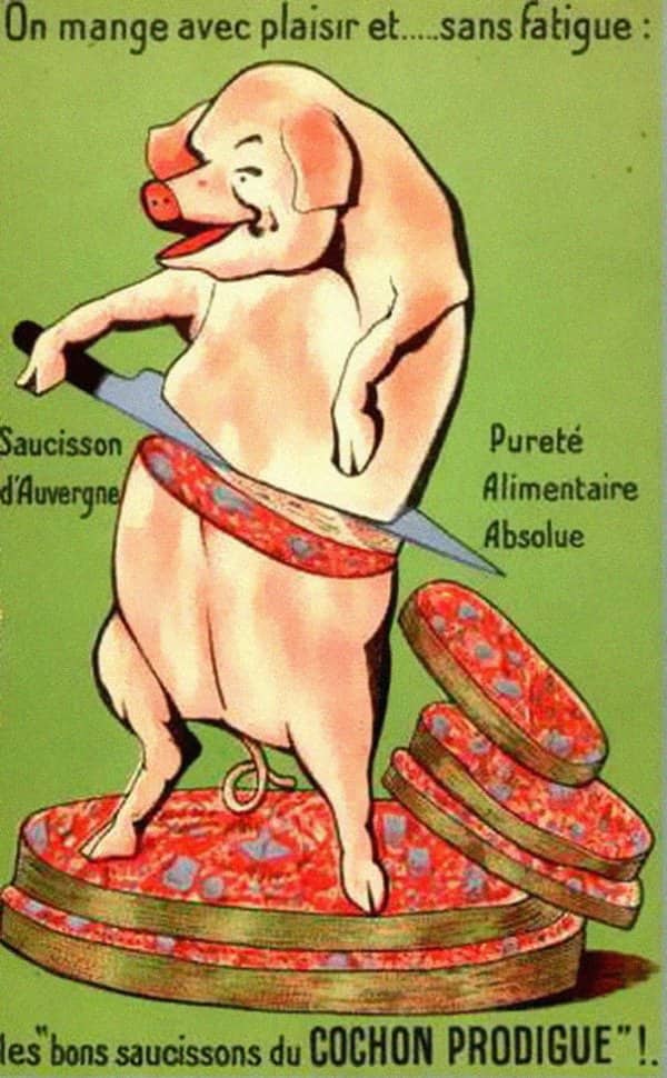 French sausage ad showing a cheerful cartoon pig slicing itself into saucisson rounds.