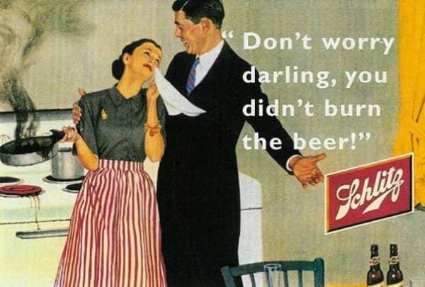 Schlitz beer ad where a husband comforts his crying wife over a burned dinner.