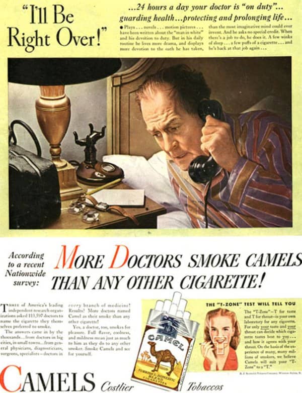 Camel ad claiming more doctors smoke Camels, with a doctor answering a bedside phone.
