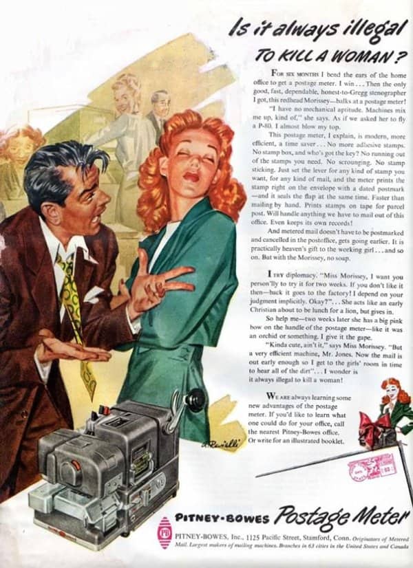 Pitney-Bowes postage meter ad headlined asking if it is always illegal to kill a woman.
