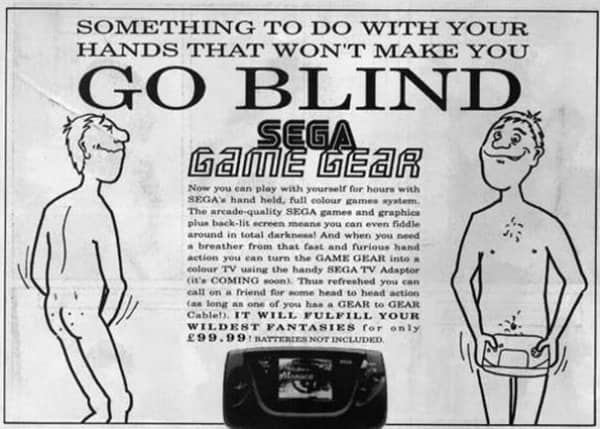 Cheeky Sega Game Gear ad packed with innuendo, featuring cartoon men and a handheld console.
