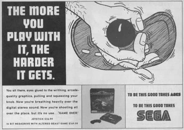 Sega Mega Drive joystick ad with a suggestive headline and a hand gripping a joystick.