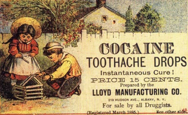 Antique ad for cocaine toothache drops priced at fifteen cents, with two children playing.