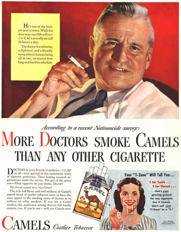 Camel cigarette ad showing a smiling doctor holding a cigarette above survey claims.