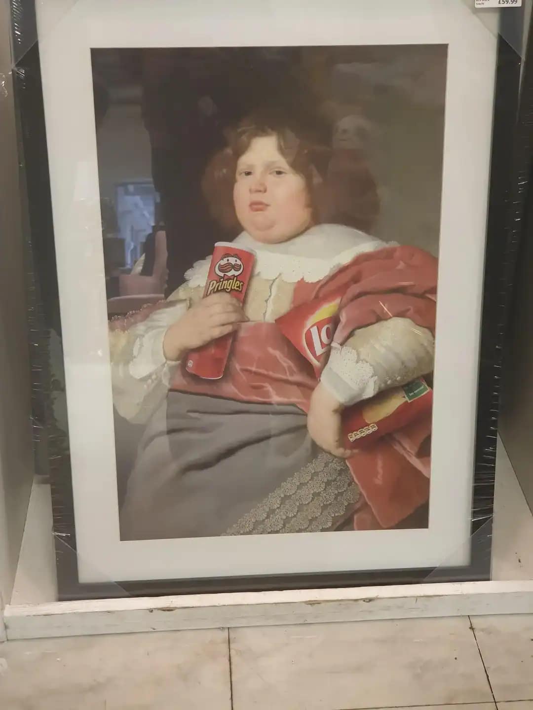 Renaissance style portrait of a chubby boy clutching Pringles and a bag of Lay's.