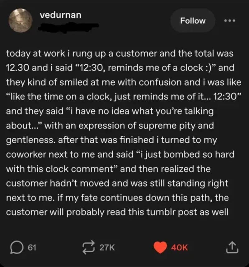 Social media text story detailing an awkward moment failure while attempting small talk with cashier.