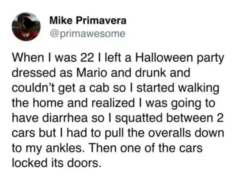 Viral tweet explaining an awkward moment Halloween costume disaster involving locked car doors outside.