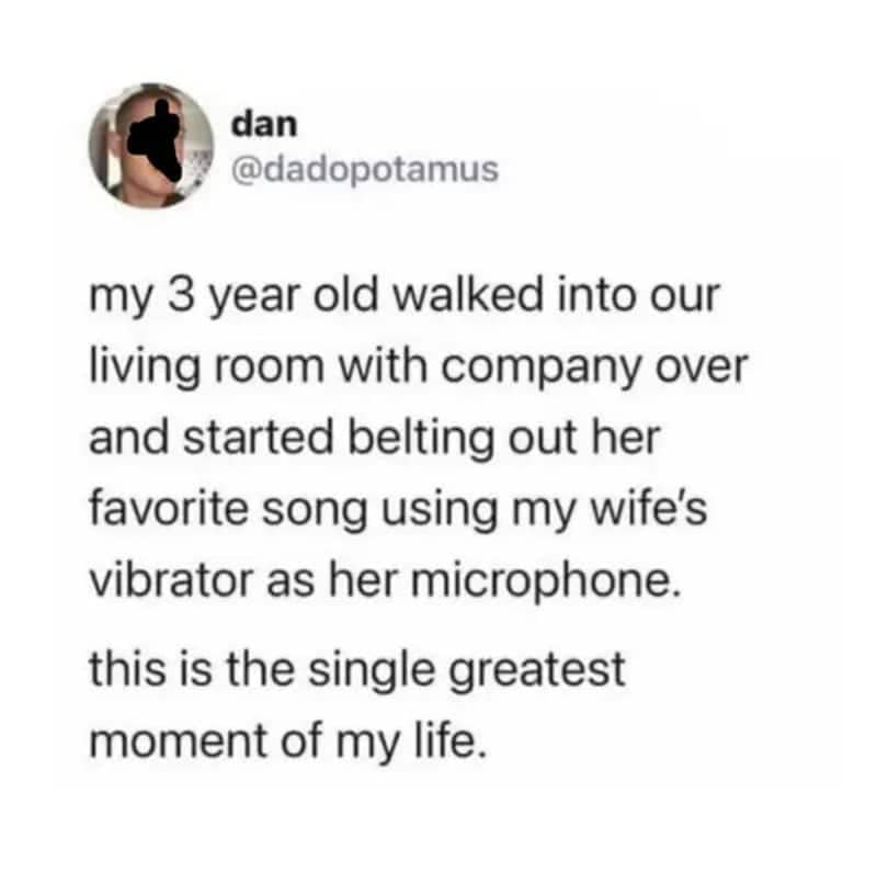 Humorous tweet detailing an awkward moment child singing performance using inappropriate adult item microphone.
