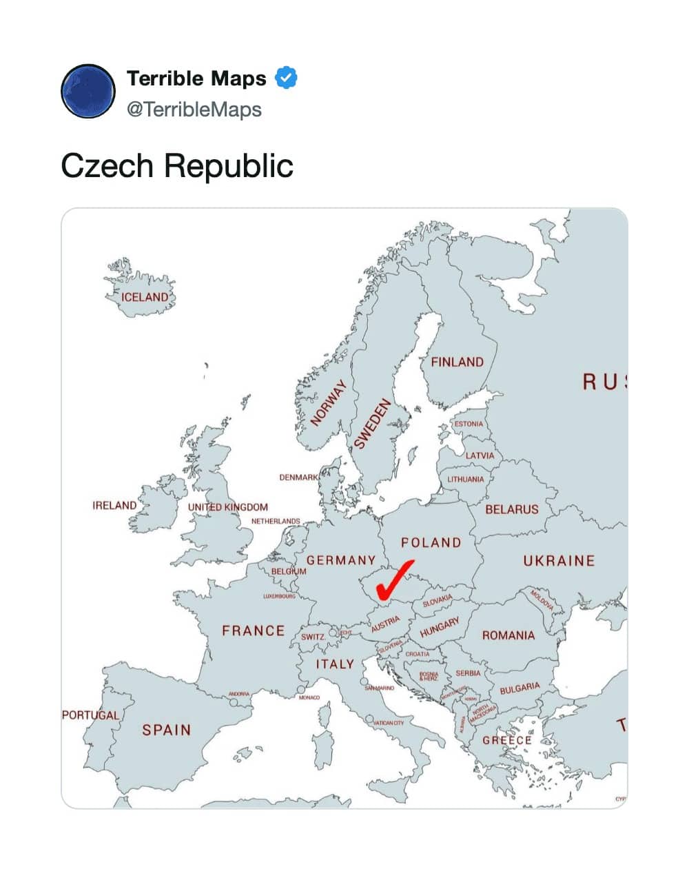 Satirical terrible map of Europe where the Czech Republic is entirely replaced by ocean water.