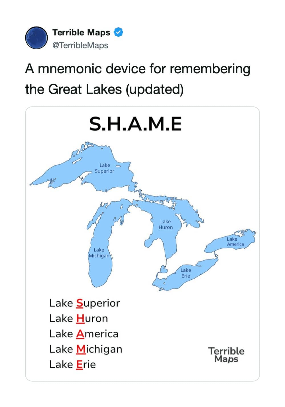 Educational terrible map renaming Lake Ontario to Lake America to spell out the word shame.