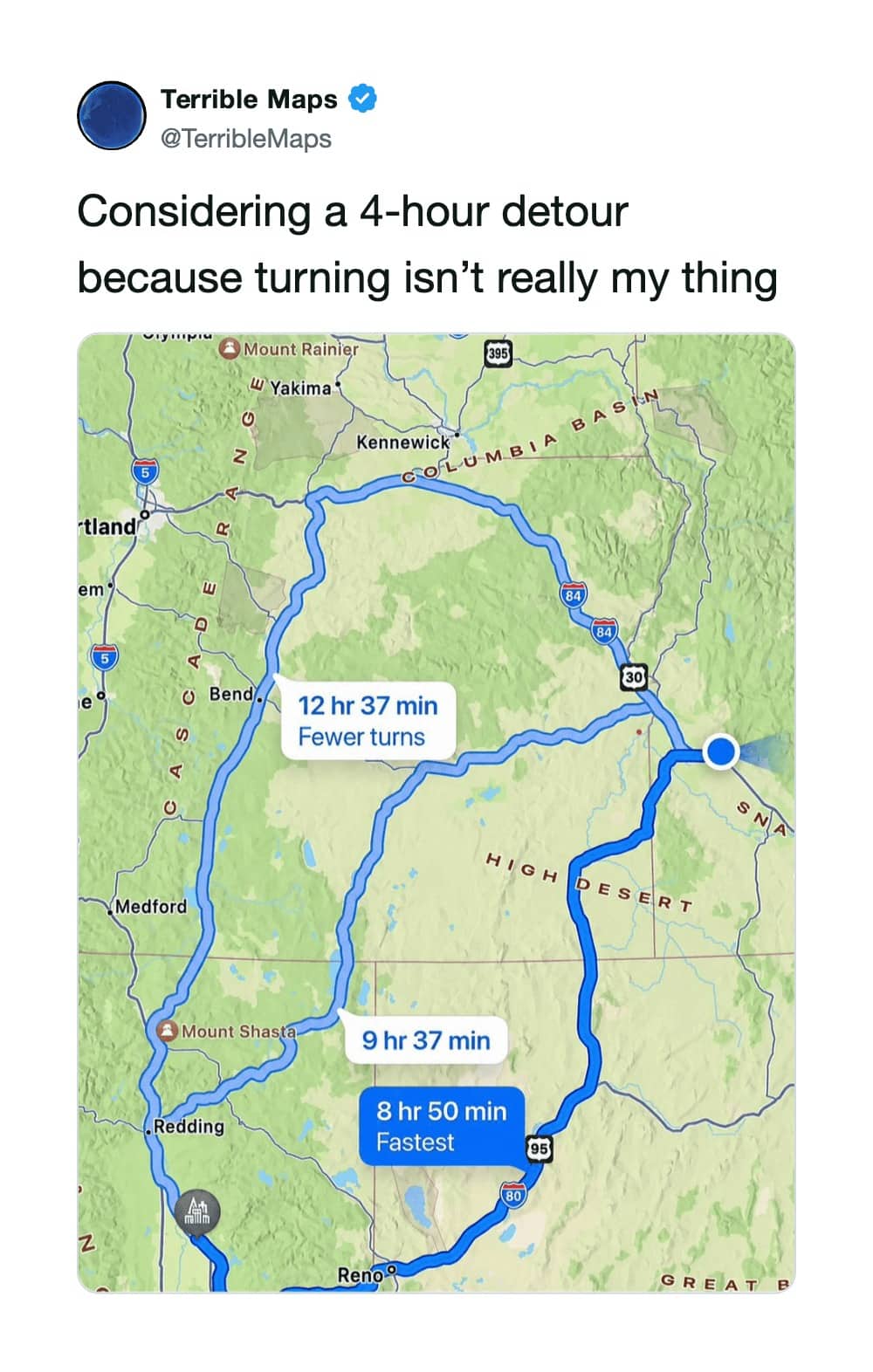 Humorous terrible map routing a twelve-hour road trip to avoid making any sharp turns.