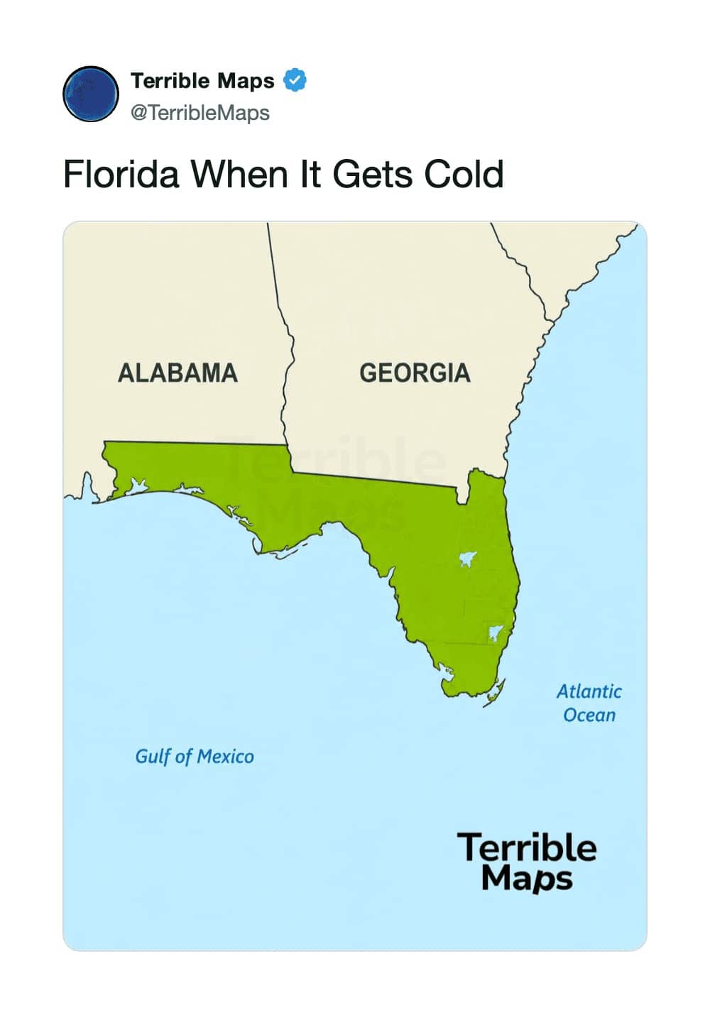Funny terrible map showing the state of Florida shrinking upward due to cold winter weather.